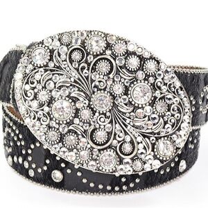 Nocona Women's Leather Belt Bling Black silver Studs Rhinestones Sz Large